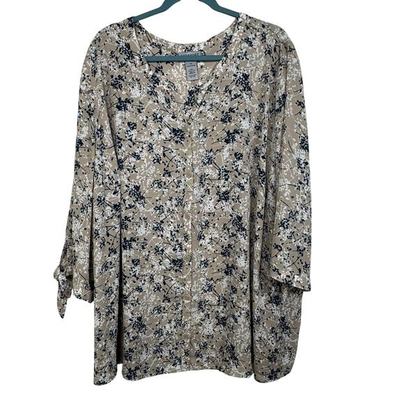 Catherines Button Down Cafe Blouse Women 3/4 Sleeve Size 4X Tan Aqua Floral Top - Picture 1 of 9